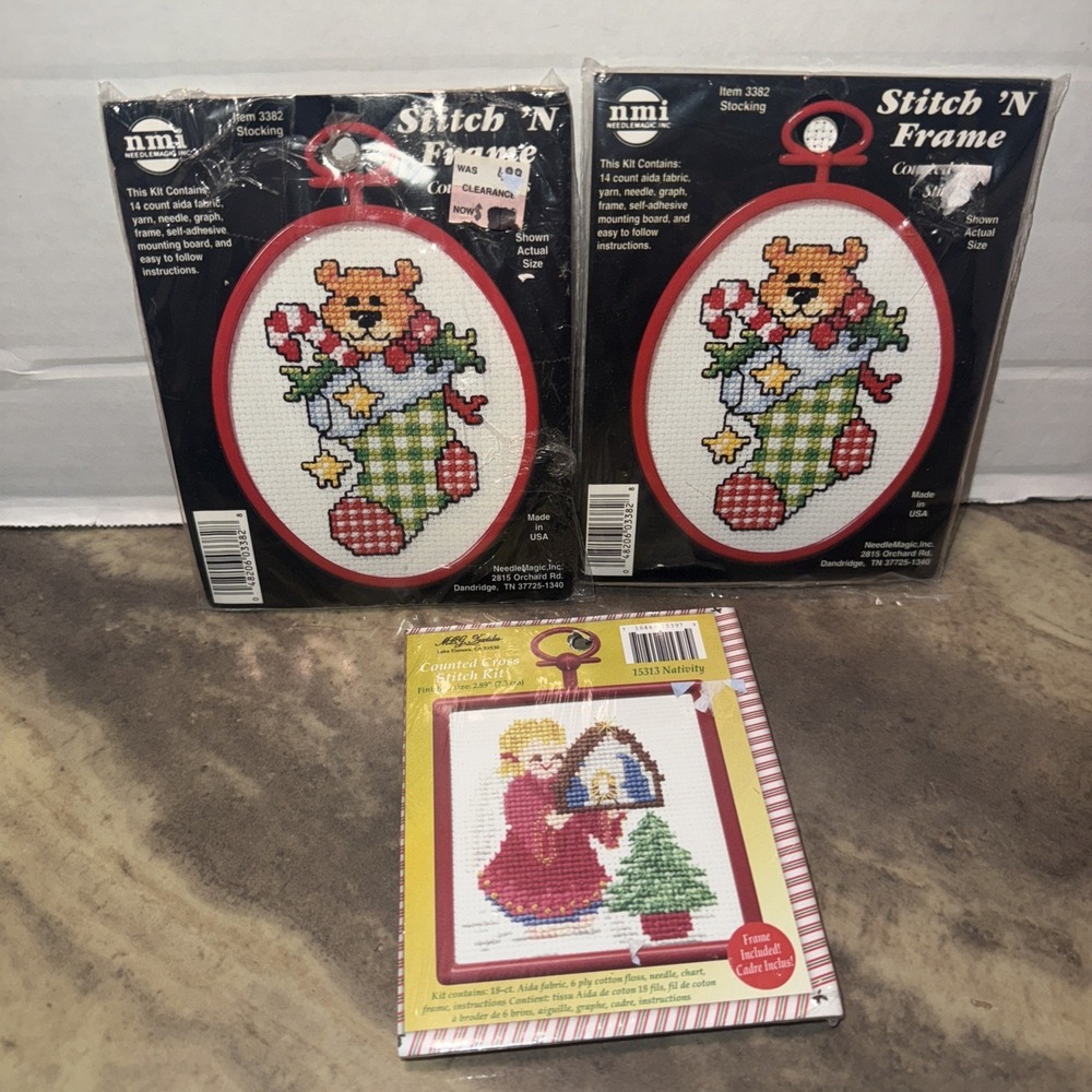 Lot of 3 Christmas Cross Stitch Kits –‎ NMI Teddy Bear & Nativity Angel – NIP